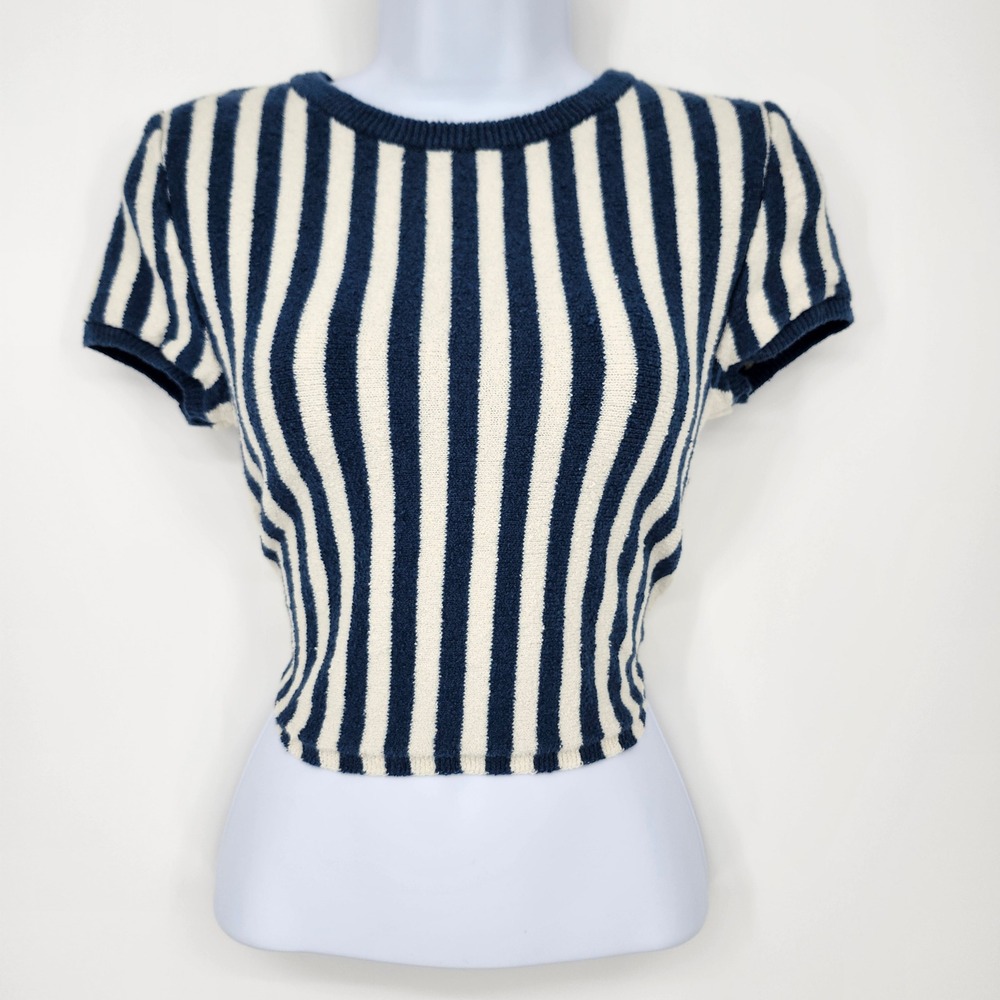 Free People FP Beach Nautical Coastal Prep Crop Top Womens XS Blue Striped Knit